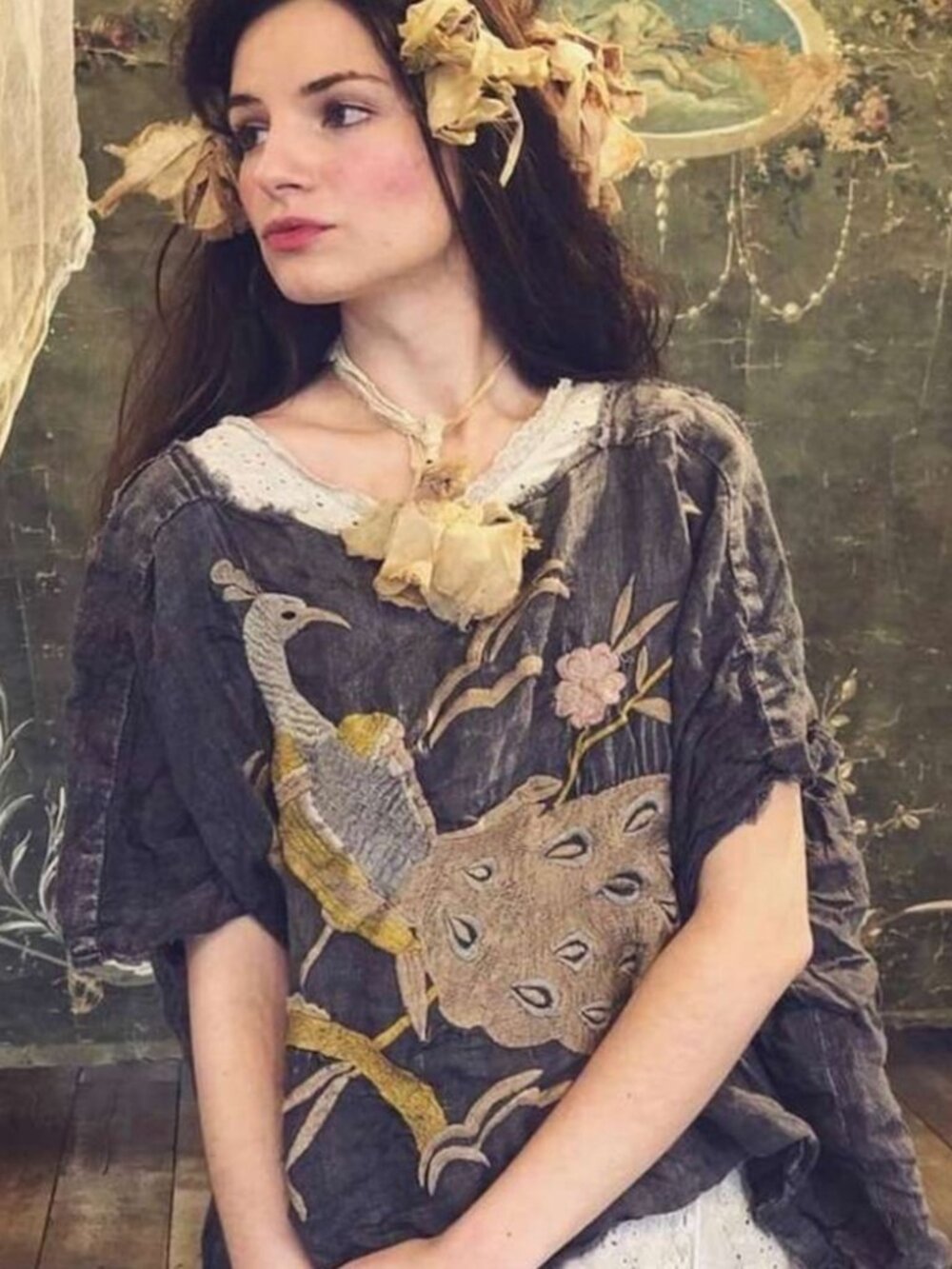 Magnolia Pearl - vintage Linen Peacock Bretta Blouse Top